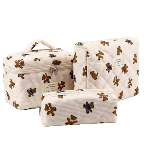 3PCS Coquette Makeup Bag,Quilted Cosmetic Bag Large Make Up Bag Set,Quilted Portable Toiletry Organizer Bag,Cotton Travel Skincare Bag for Women Girls (03-Brown Bear) - style: 03-brown Bear