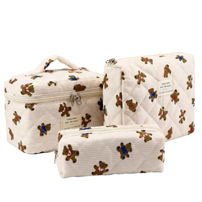 3PCS Coquette Makeup Bag,Quilted Cosmetic Bag Large Make Up Bag Set,Quilted Portable Toiletry Organizer Bag,Cotton Travel Skincare Bag for Women Girls (03-Brown Bear) - style: 03-brown Bear