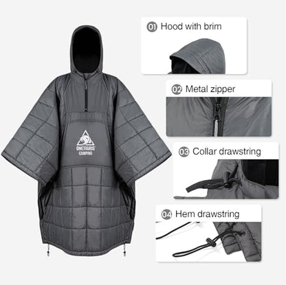 ONETIGRIS Camping Blanket Poncho with with Recycled Synthetic Insulation,Wearable Hoodie Blanket | Ultralight Water-Resistant Warm Camping Blanket for Outdoor, Hiking, Stadium - color: 1pc-grey