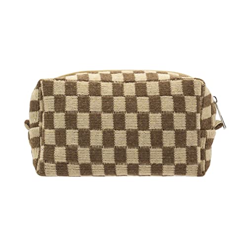 PAZIMIIK Checkered Makeup Bag for Purse Portable Zipper Make Up Pouch Small Cosmetic Case for Travel Accessories (Coffee) - color: COFFEE, size: 1 PCS BOX POUCH