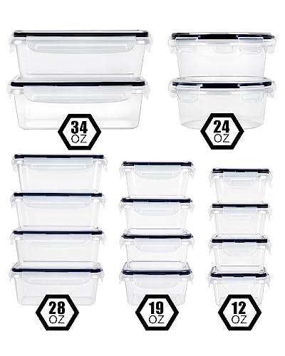 FOOYOO 32 Piece Food Storage Container with Lids (16 Containers + 16 Lids) - Plastic Food Containers with Lid, Airtight Leak Proof Snap Lock, BPA Free Storage Containers - color: Transparent - 32 Pcs