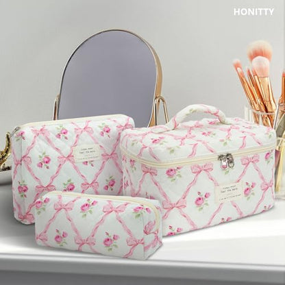 honitty Makeup Bag,Quilted Cosmetic Bag,Large Floral Make Up Bag for Women,Cotton Makeup Bag Set,Flower Travel Toiletry Bag - color: Pink Bow