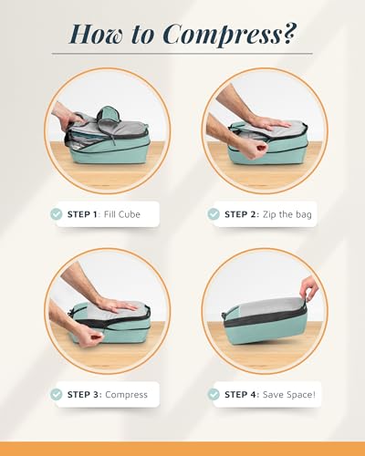 Compression Packing Cubes for Travel by TRIPPED – 6-Piece Premium Set with Laundry & Shoe Bag, Space Saving Travel Organizer Bags for Suitcase & Carry-On Luggage (Dusty Teal Mesh) - color: Dusty Teal Mesh - 6 Piece