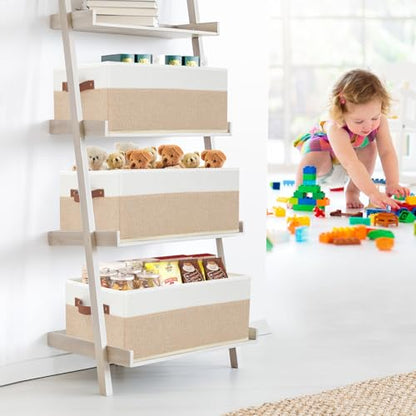 Closet Organizer Bins 3 Pack, Large Storage Bins for Shelves, Foldable Closet Storage Boxes Baskets with Leather Handles for Organizing Clothes, Sheets, Jeans, Toys, Books（Begie） - style: 3 Pack Begie & White