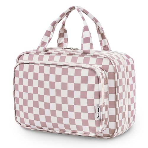 Narwey Travel Toiletry Bag for Women Large Hanging Makeup Bag Organizer Toiletries Bag for Full Size Essentials Accessories Cosmetics (Dusty Pink Checkerboard (Large)) - color: B-Dusty Pink Checkerboard, style: Large