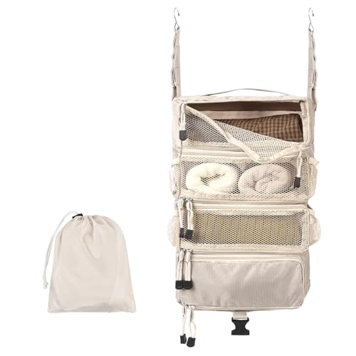 TABITORA Travel Luggage Organizer Hanging Packing Cubes Portable Hanging Shelves Carry on Closet for Suitcase with 2 Hooks,Collapsible(Beige,M) - color: Beige, size: Medium
