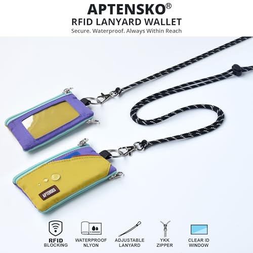 RFID Blocking Travel Wallet with Adjustable Lanyard, Small Nylon Zipper Pouch and Badge Holder for ID, Credit Cards, Cash, Keys, Commuters (DarkYellow+Violet) - color: DarkYellow+Violet
