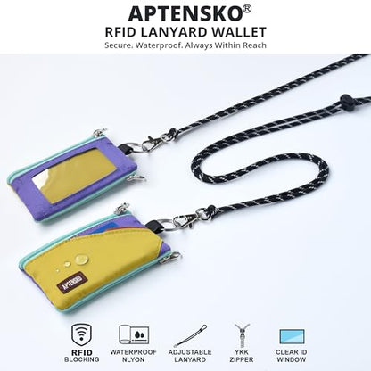 RFID Blocking Travel Wallet with Adjustable Lanyard, Small Nylon Zipper Pouch and Badge Holder for ID, Credit Cards, Cash, Keys, Commuters (DarkYellow+Violet) - color: DarkYellow+Violet