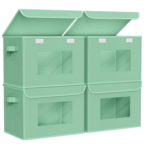 Univivi Collapsible Stackable Storage Bins with Lids [4-Pack] Foldable Fabric Closet Organizer Basket, Closet Organizers and Storage Cube Storage Bin for Home, Office, Bedroom (Green) - color: Green, size: 17''-4 Pack