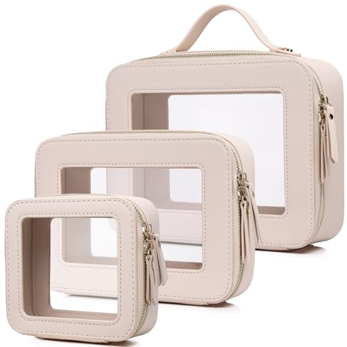 Clear Makeup Bag Set 3 Piece Travel Case for Cosmetics and Toiletries Women's Makeup Organizer and Car Essential with Zipper (Beige, L+M+MINI) - color: Beige, size: L+M+MINI