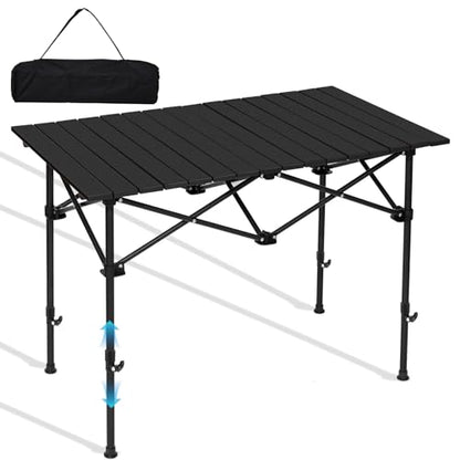 SHANQUAN Folding Camping Table, 46.5 × 21.7 Inches Portable Camp Table Aluminum Fold Up Lightweight Roll Up Table Adjustable Height with Carry Bag for Camping, Picnic, Backyard, BBQ, Patio, Black - size: 47.2*26.8 inch