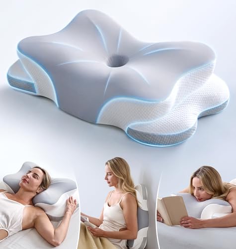 Ultra Pain Relief Cervical Neck Pillow for Sleeping, 5X Support Ergonomic Contour Pillow for Deep Sleep, Cooling Memory Foam Pillows for Adults, Orthopedic Bed Pillow for Side Back, Stomach Sleepers - color: Light Grey