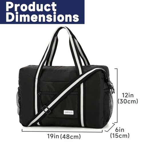 Arxus Foldable Tote Bag for Travel Expandable Lightweight Carry On Luggage 22L Packable Duffle Bag for Traveling - color: Black