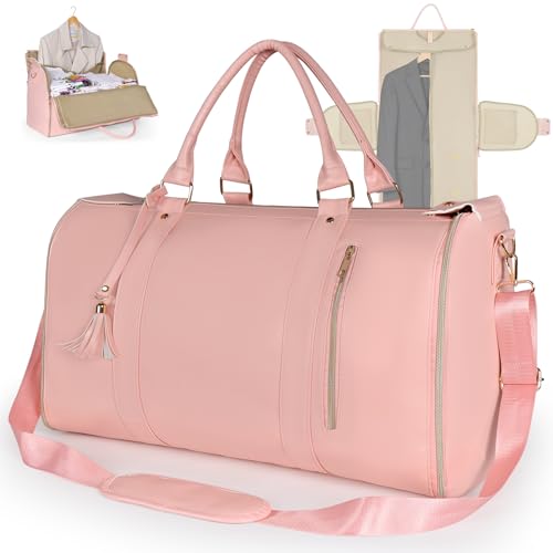 Geestock Garment Duffle Bags for Travel, Convertible Carry On Garment Bag with Shoe Pouch & Shoulder Strap, 2 in 1 Foldable PU Leather Suit Travel Bag for Women & Men, Pink - color: Pink