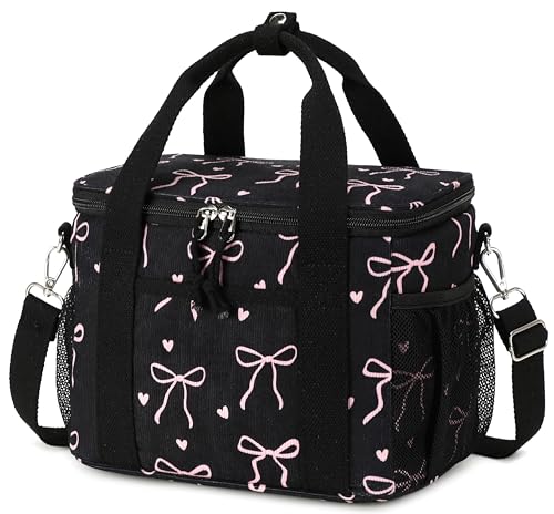 LOIDOU Lunch Box for Women Men Insulated Corduroy Lunch Bag Cooler Leakproof Reusable Adult Lunchbox Adjustable Strap lunch tote for Work Office Beach Picnic (Black Bow) - color: Black Bow