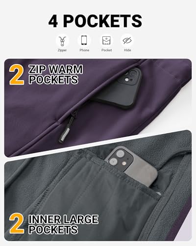 Outdoor Ventures Women's Lightweight Waterproof Fleece Lined Hooded Softshell Rain Jacket, Warm Windbreaker Long Coat - color: Purple, size: XX-Large