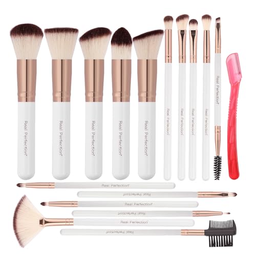 Real Perfection Makeup Brush Set 16 Pcs with 1 Eyebrow Razor Premium Synthetic Foundation Powder Concealers Eyeshadow Blush Makeup Brushes Make up Brushes Kit (White) - color: White