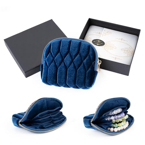 2026 New Travel Jewelry Case, Small Travel Jewelry Bag with Zipper, 5-Layer velvet Travel Jewelry Pouch for Bracelet Rings Earring, chain,pendants,Bracelet(Navy Blue) - color: Navy blue