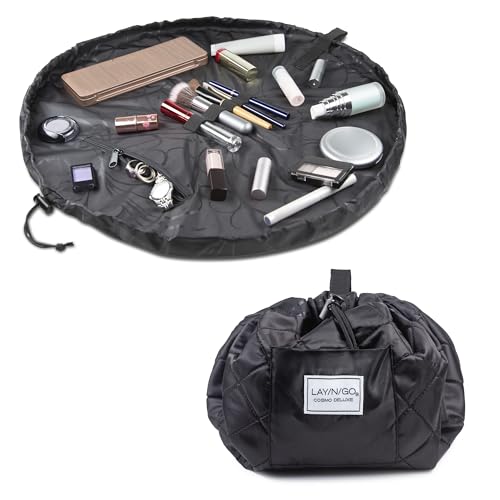 Lay-n-Go Cosmo Layflat Cosmetic & Makeup Bag Organizer - Portable Drawstring Bag w/Zipper Pocket, Brush Storage Loops & More - Durable, Machine Washable Toiletry Bag for Travel (22", Black) - color: Black, size: 22 inch