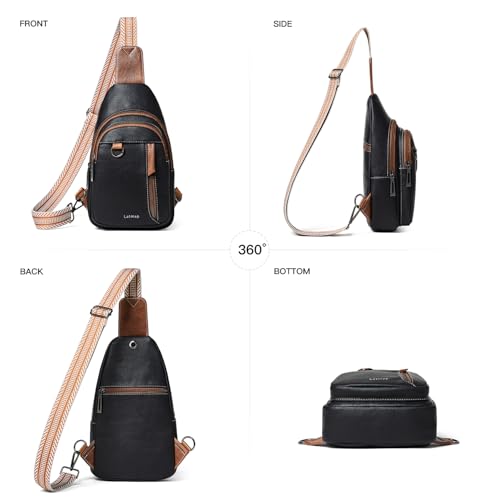 LATMAP 7L Sling Bag for Women Men Leather Small Sling Backpack Daypack Anti Theft Fanny Pack Crossbody Purse Travel - color: Regular Size-black With Brown
