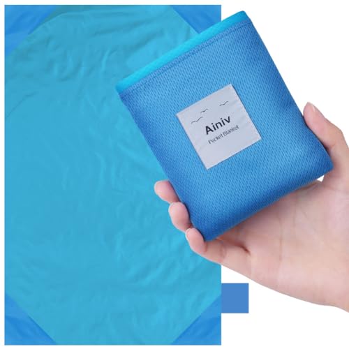 Ainiv Picnic Blanket, Mini Pocket Beach Mat 43.3 x 55.1IN (2-3 People) Foldable, Lightweight Waterproof Sand Free, Foldable Thin Ground Sheet for Outdoor Camping Hiking Travel - with Hand Strap - color: Blue, size: 43.3 x 55.1''(M for 2-4 person)