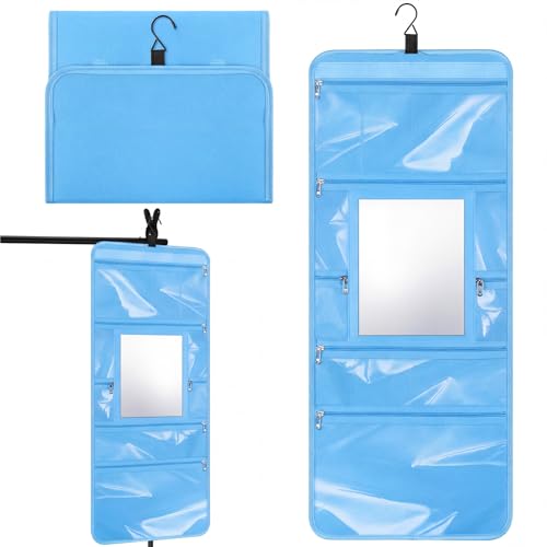 Hanging Toiletry Bag with Mirror for Women Hanging Mirror for Dance Bags Travel Large Foldable Dance Bag Organizer Storage Waterproof Cosmetic Case Accessories for Bathroom(Light Blue) - color: Light Blue