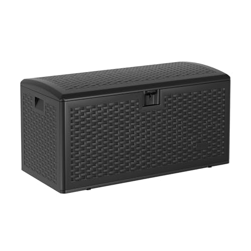 120 Gallon Waterproof Large Resin Deck Box Indoor Outdoor, Lockable Storage Container for Patio Furniture Cushions, Throw Pillows, Garden Tools, and Pool Floats, Black - color: Black, size: 120 Gallon