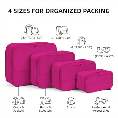 4 Piece Compression Packing Cubes for 3–7 Day Travel, Space Saving Travel Organizers with Breathable Mesh, Double-Zipper Packing Cubes for Carry-On & Suitcases (Red) - color: Red