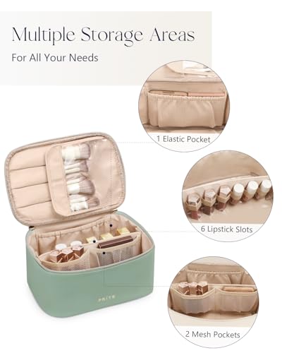 Prite Makeup Bag, Large Capacity Cosmetic Bag for Women and Girls, Waterproof PU Leather Travel Makeup Case, Toiletry Organizer with Handle and Divider for Skincare and Brushes - Green - color: Green