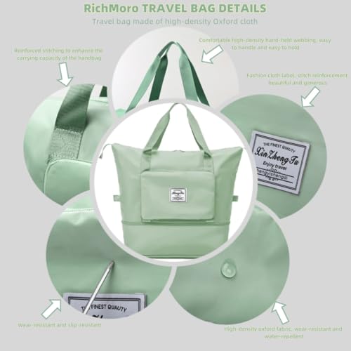 Large Capacity Foldable Travel Bag, Expandable lightweight Carry on Bag, Dry with Wet Separation Spor Duffel Bags (Light Green) - color: Light Green