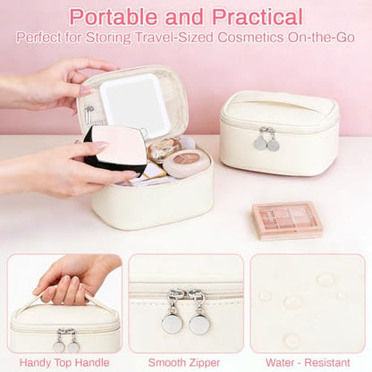 Mini Makeup Bag with Led Mirror, Small Cosmetic Bag with 3 Light Modes Adjustable Brightness, Rechargeable Portable Makeup Pouch with Handle, for Pool Parties丨Work Touch-Ups, Beige