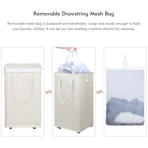 DOKEHOM 90L X-Large Laundry Basket with Removable Wash Bag on Wheels, Collapsible Rolling Laundry Hamper, Foldable Clothes Organizer, Folding Washing Bin (Beige) - color: Beige, size: X-Large Pro 29"