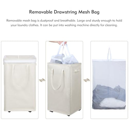 DOKEHOM 90L X-Large Laundry Basket with Removable Wash Bag on Wheels, Collapsible Rolling Laundry Hamper, Foldable Clothes Organizer, Folding Washing Bin (Beige) - color: Beige, size: X-Large Pro 29"
