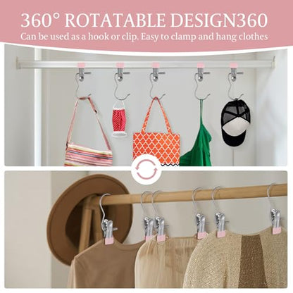 50PCS Space-Saving Clothespin, Portable 360° Rotating Stainless Steel Hanging Hook Clips Towel Clips,Laundry Hooks Hanging Clips with Clips for Home and Travel, Pink - color: Pink