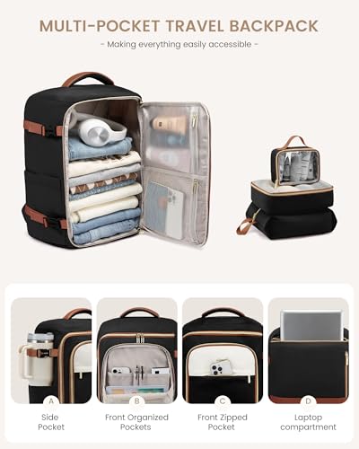 LOVEVOOK 40L Travel Backpack Carry on Flight Approved, Personal Item Bag with 3 Packing Cubes, Travel Backpack for Women Fits 17" Laptop, Water-resistant Carry On Bag for Airplanes - color: Pink & Khaki, size: 40L-4PCS