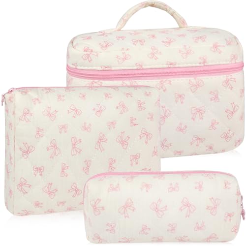 URSKYTOUS 3Pcs Makeup Bag Quilted Cotton Cosmetic Bags for Women Large Small Pink Bow Makeup Pouch Set Cute Coquette Floral Travel Bags Portable Skincare Toiletry Bag Vintage Puffy Essential Organizer - color: MN 3PCS Pink