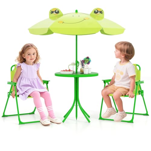 HONEY JOY Kids Picnic Table, Animal Themed Toddler Outdoor Table and Chair Set, 2 Folding Chairs & Removable Umbrella, Children Outdoor Furniture for Backyard Patio Garden (Light Green Frog) - color: Light Green Frog
