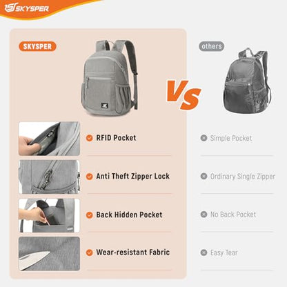 SKYSPER Anti Theft Hiking Backpack, 18L RFID Packable Travel Daypack, Lightweight Foldable Back Pack for Walking Daytrip - color: Gray