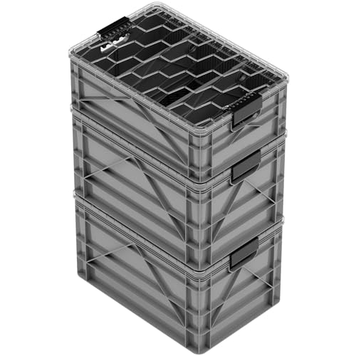 SIDIO CRATE Pro Pack - Two Full Size and One Half Size Heavy Duty Stackable Storage Bins, Totes, Containers with Lids and Dividers - Durable Organizer for Home, Office, Garage, and Outdoor Use - Gray - color: Gray