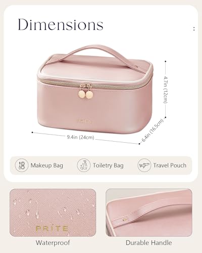 Prite Makeup Bag, Large Capacity Cosmetic Bag for Women and Girls, Waterproof PU Leather Travel Makeup Case, Toiletry Organizer with Handle and Divider for Skincare and Brushes - Pearl Pink - color: Pearl Pink