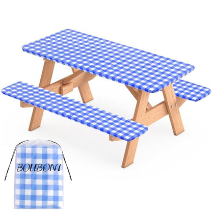 3 Pcs Set Fitted Picnic Table Cover with Bench Covers Vinyl Camping Picnic Table Cloth Flannel Backing for 6ft Tables Camping Outdoor (Blue Checked, 30 x 72 Inches) - color: Blue and White Plaid