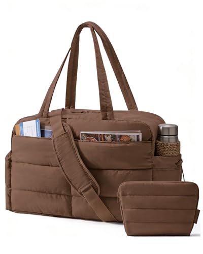 BAGSMART Gym Bag for Women, Lightweight Puffer Duffle Bag 2-PC Travel Bag, 31L Weekender Overnight Bag Quilted Carry On Tote Bag, Diaper Hospital Dance bag for Travel, Gym, Water Resistant - color: Coffee Brown