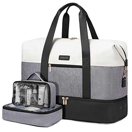 LOVEVOOK Weekender Bag for Women, Large Duffle Bag for Travel with 2 Packing Cubes, Carry on Overnight Bag with Shoe Compartment, Mom Hospital Bags for Labor and Delivery - color: Black-Grey-White, size: 56L-3Pcs