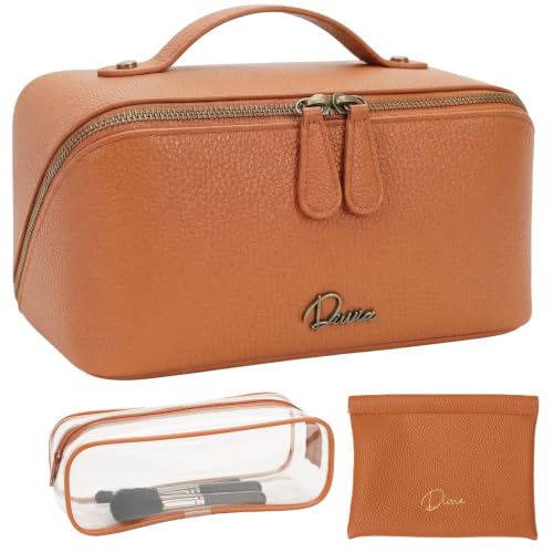 Travel Makeup Bag 3 Pcs Set, Waterproof Vegan Leather Toiletry Bag Organizer with Compartments & Handle, Cosmetic Bags for Women, Portable Travel Essentials Pouch (Large, brown) - color: Upgraded brown, size: Large
