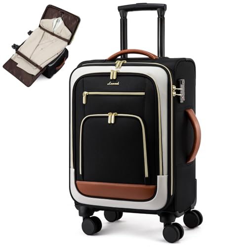 LOVEVOOK Carry on Luggage 22x14x9 Airline Approved, 22 Inch Large Rolling Suitcase, Spinner Wheels & TSA Lock, 49L Softside Lightweight Underseat Carryon Luggage for Women Men Travel - color: Black-beige-brown, size: 22 Inch With Garment Compartment