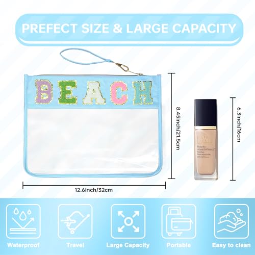Siwara Snack Bags Clear Pouch Travel Makeup Bag Chenille Letter Bags for Zipper Pouch Clear Cosmetic Bag Clearly Tote Bag Makeup Travel Bags for Women - color: Blue-Beach
