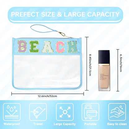 Siwara Snack Bags Clear Pouch Travel Makeup Bag Chenille Letter Bags for Zipper Pouch Clear Cosmetic Bag Clearly Tote Bag Makeup Travel Bags for Women - color: Blue-Beach
