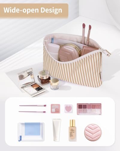 Narwey Small Striped Makeup Bag for Purse Travel Makeup Pouch Cosmetic Bag Zipper Pouch Bags for Women (Brown Stripe) - color: AC-Brown Stripe