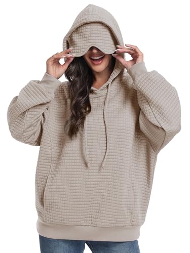 SeSe Code Hoodie With Eye Mask Waffle Hooded Sweatshirts Womens Travel Airplane Sleep Hoodies Mens Oversized Pullover - color: Apricot, size: XX-Large
