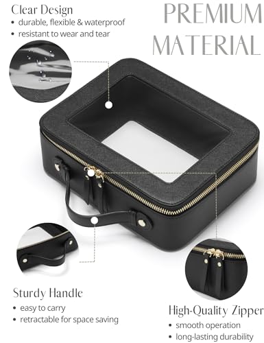Popvibe Clear Makeup Bag Travel Cosmetic Case Transparent Toiletry Bag with Zipper, Portable Make Up Organizer Traveling Compact Car Bag for Essentials - color: Black, style: Dual Elegance